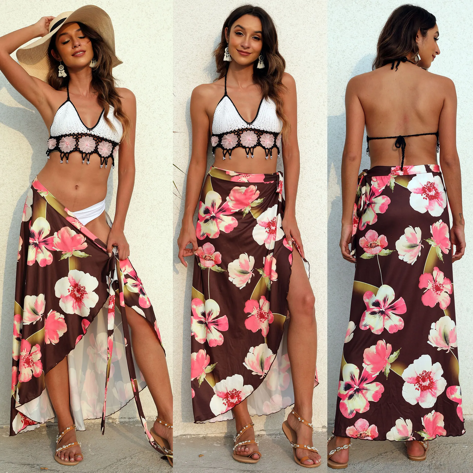 Women's Floral Print Wrap Beach Skirt Bohemian Irregular Hem Polyester Long Sarong Skirt Vacation Wear For Women Bottom