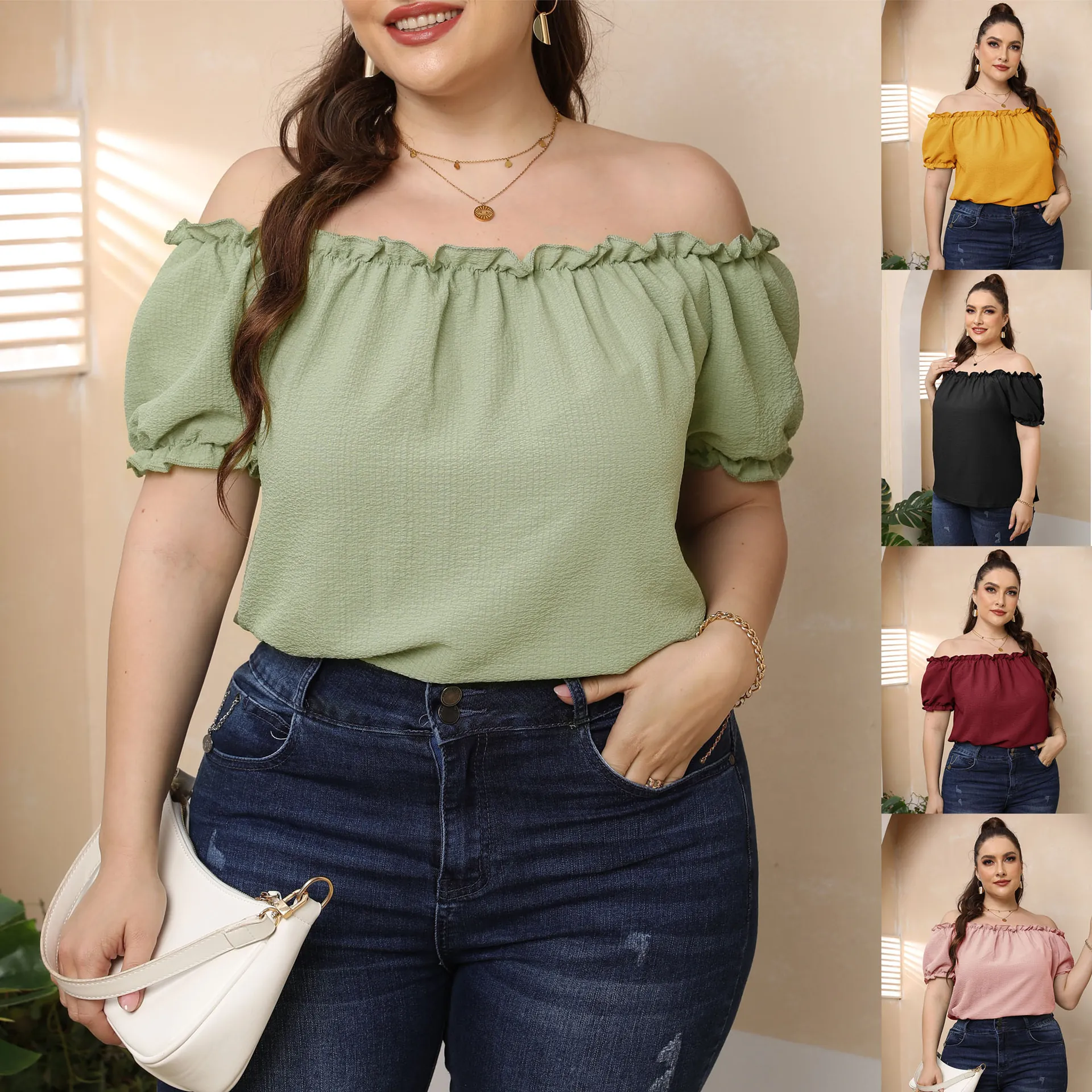 T-Shirt en Polyester Décontracté Grande Taille pour Femmes Épaules Dénudées Bordure à Volants Manches Courtes Haut Couleur Unie Tricoté