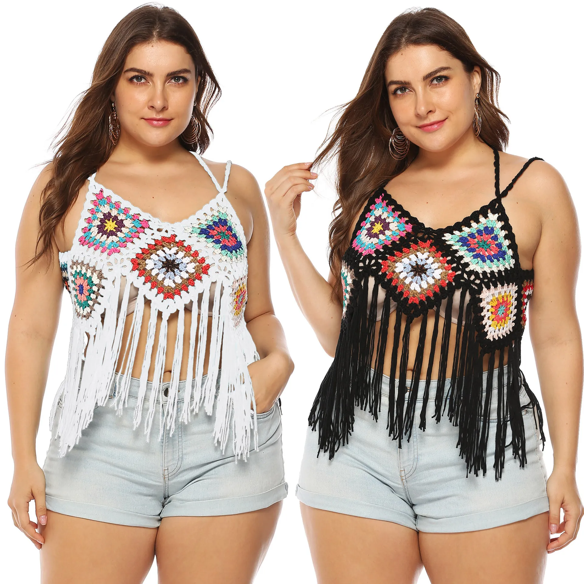 Women's Bohemian Crochet Camisole Polyester Ethnic Patchwork Long Tassel Bikini Top Halter V-Neck Beach Vacation Festival Top
