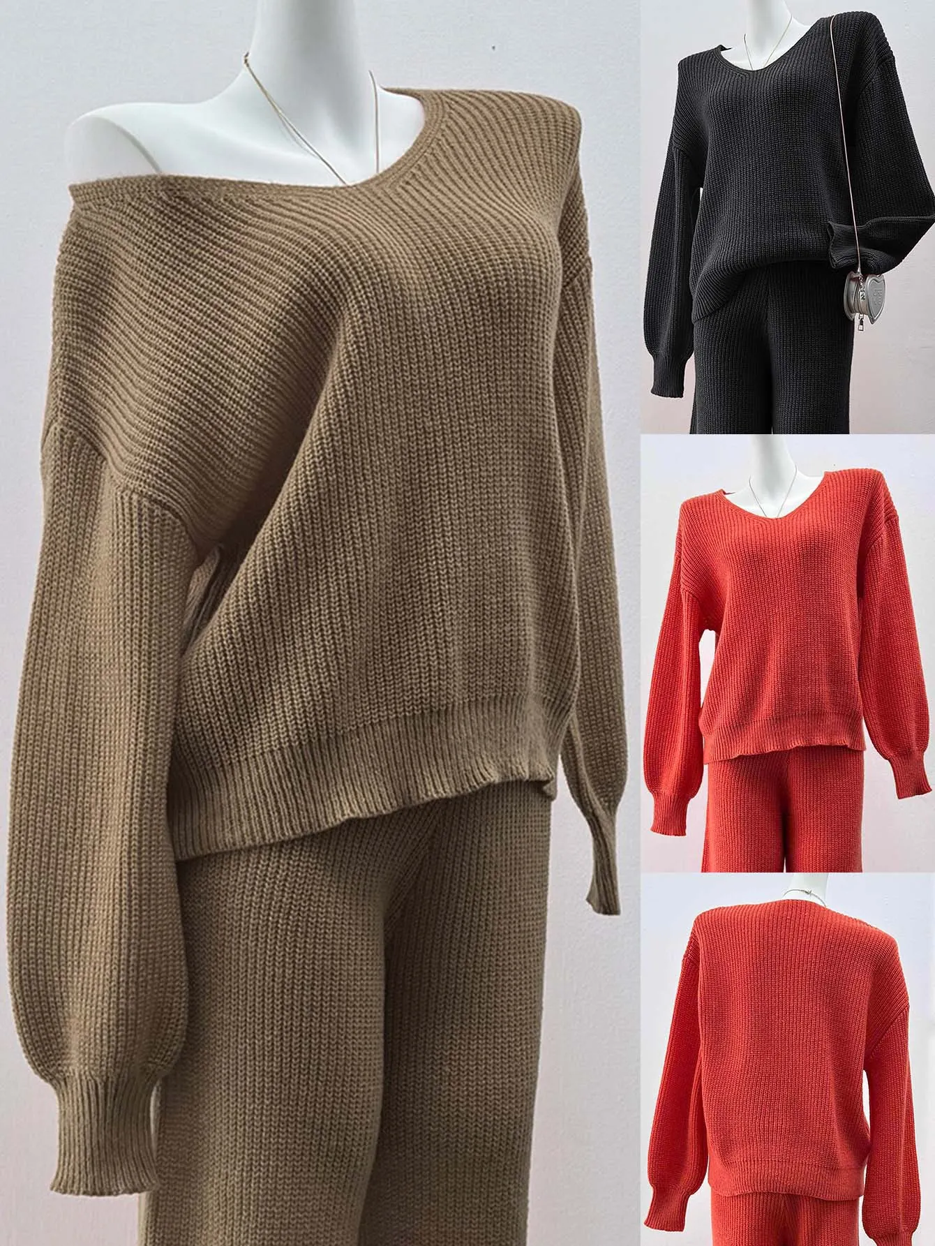 Women Casual V-Neck Knit Pullover Sweater Long Sleeve Ribbed Top Spliced Solid Color Streetwear Warm Winter Jumper For Ladies Fashion