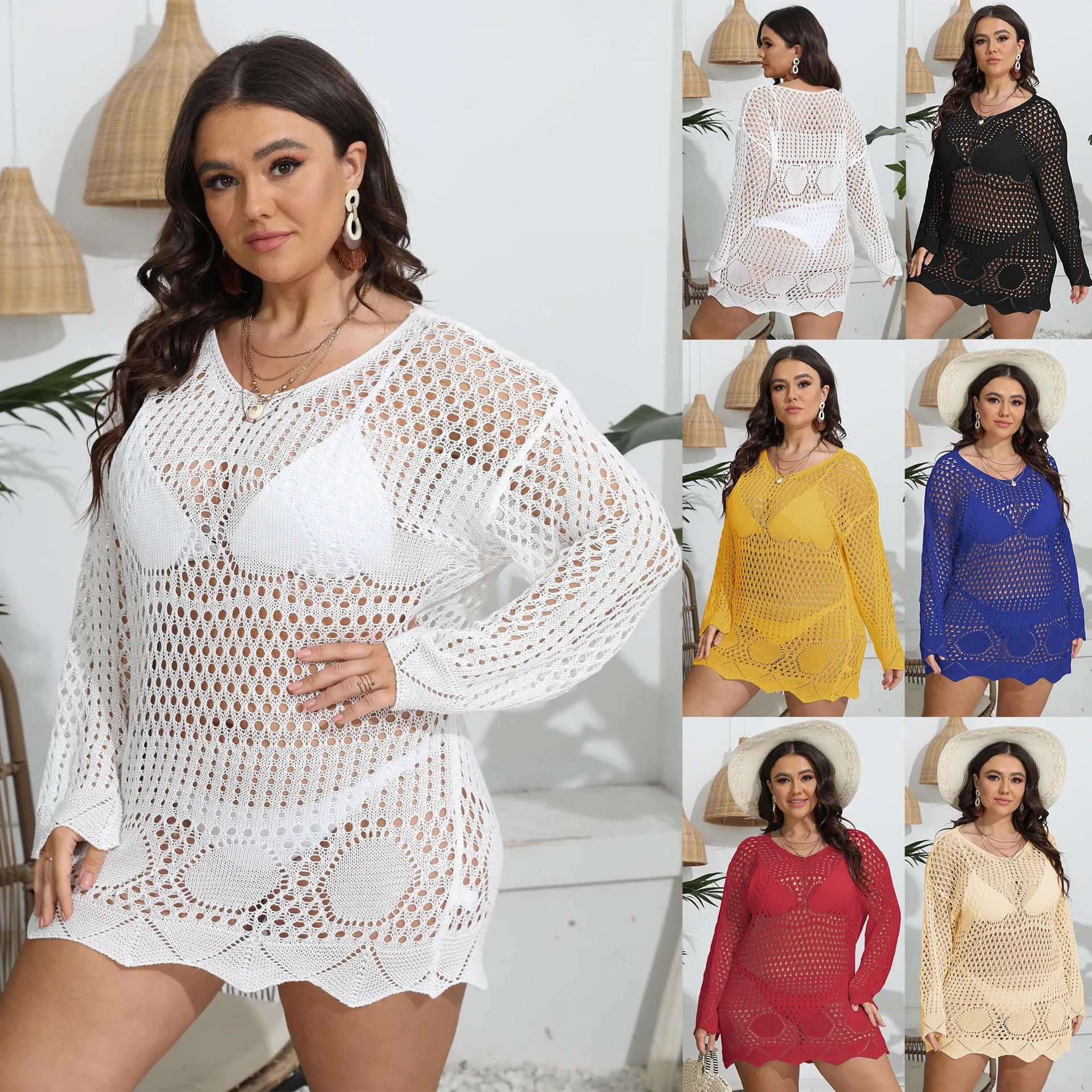 Copricostume da Spiaggia Donna Taglie Forti all'Uncinetto Sexy Abito Trasparente a Maglia Manica Lunga Scollo a V Vacanza Estiva