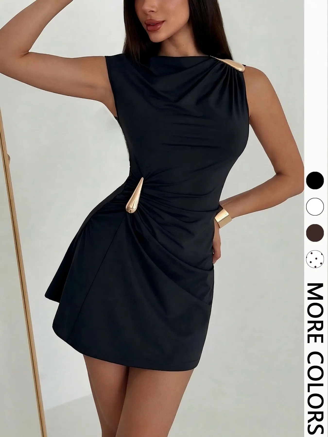 Women Sexy Ruched Bodycon Mini Dress Metal Buckle Sleeveless Off Shoulder Polyester Slim Fit Club Party Dress Evening Gown