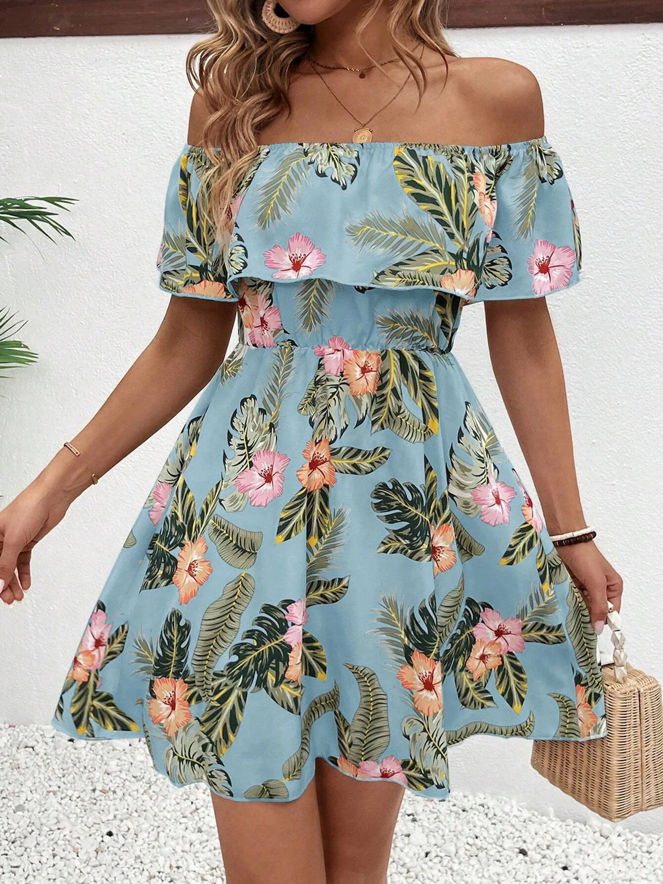 Women Elegant Tropical Floral Printed Off-Shoulder Ruffle Mini Dress Summer Casual A-Line Vacation Party Dress Light Blue