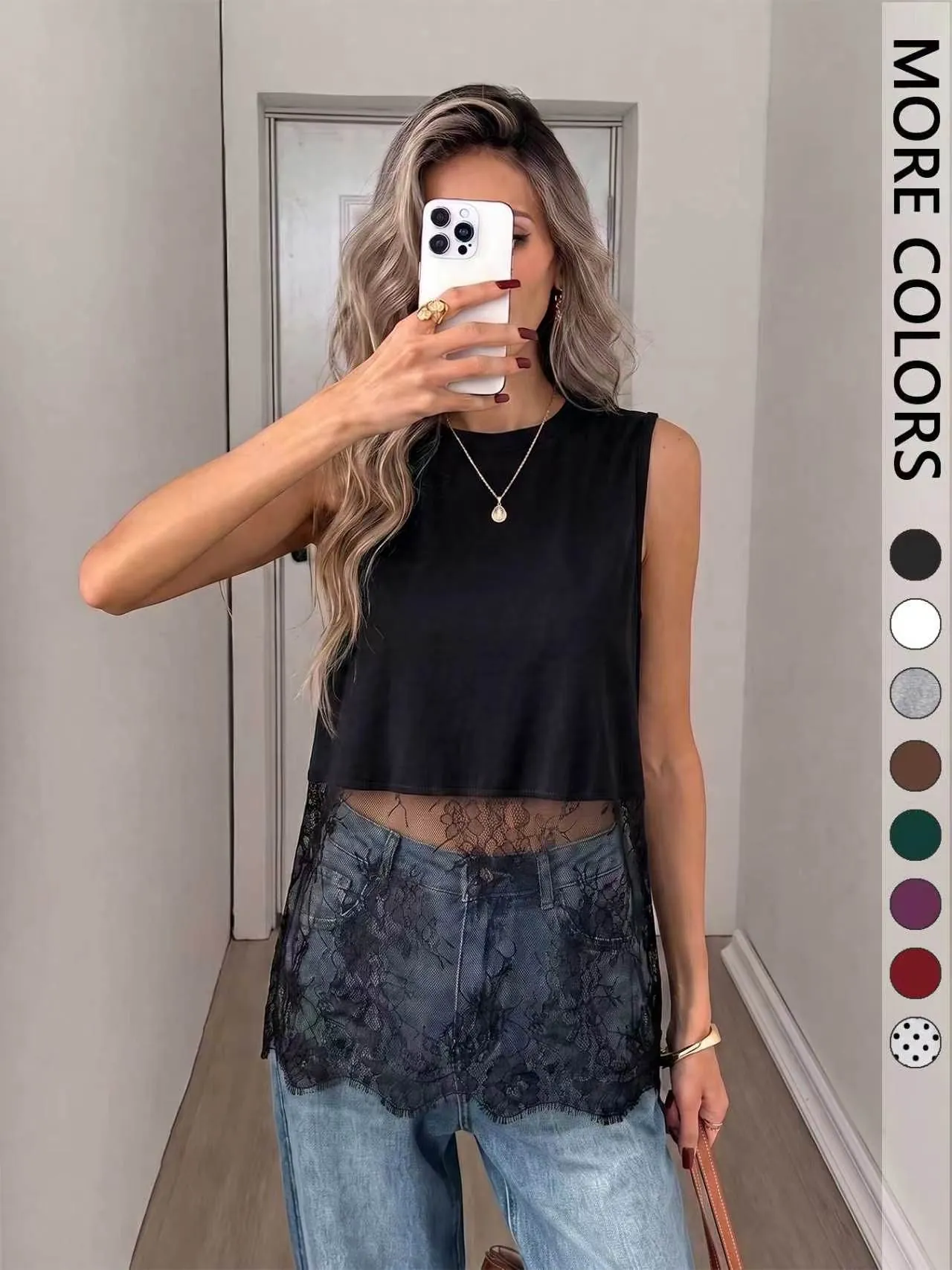 Women's Elegant Sleeveless Tank Top Polyester Spandex Lace Patchwork Round Neck Solid Color Polka Dot Casual Summer T-Shirt