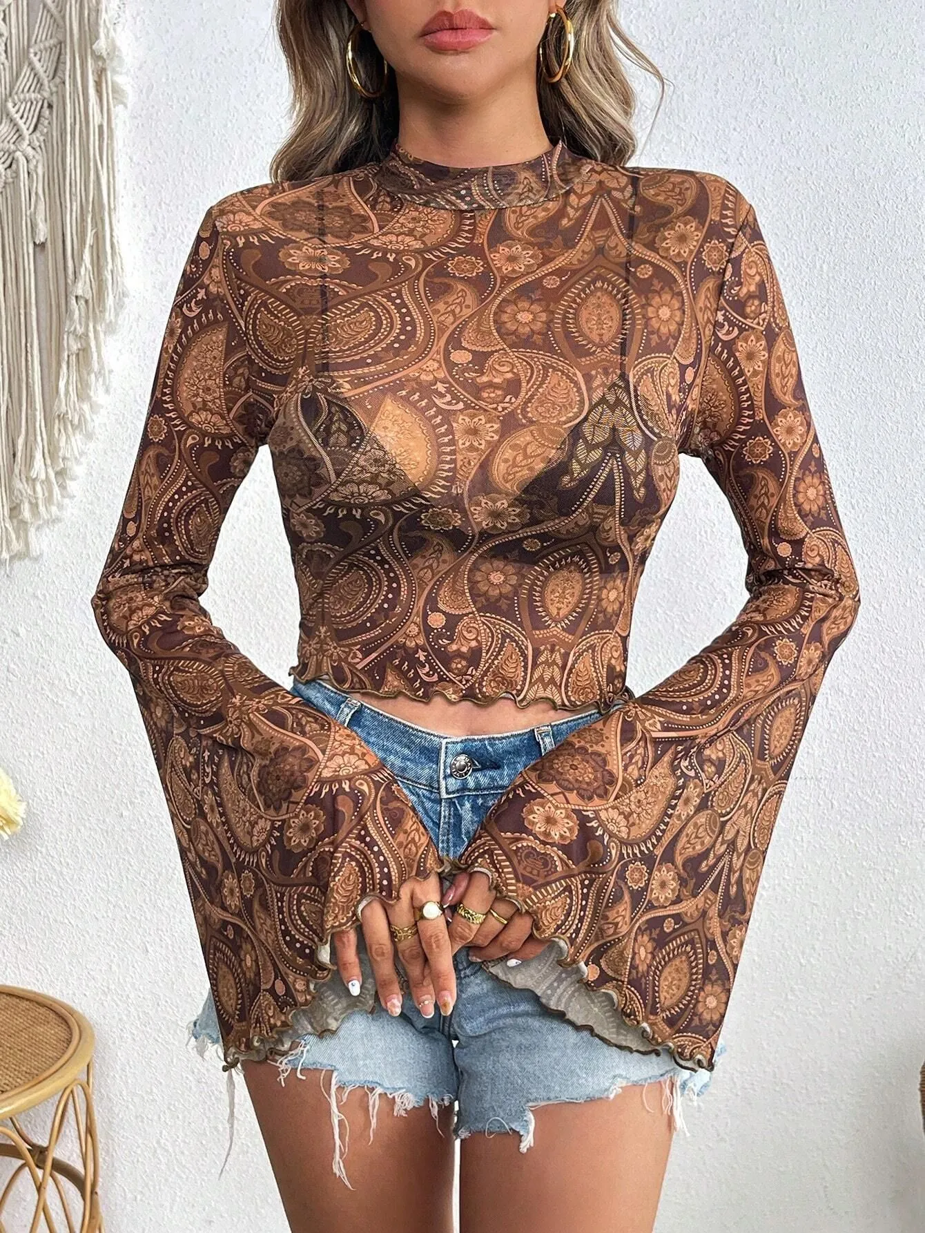 Maglietta in Maglia Stampata da Donna Manica Lunga a Campana Girocollo Slim Fit Top Paisley Cuore Retro Trasparente Pullover