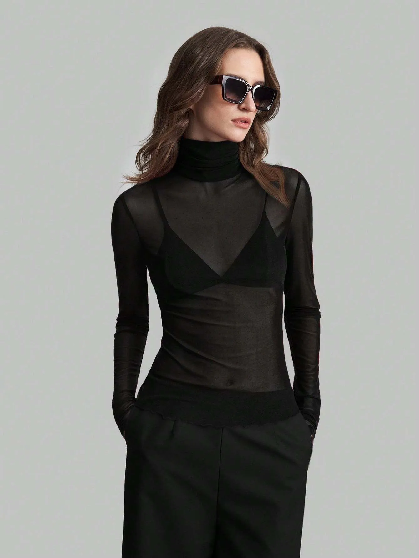 Women Slim Fit Long Sleeve Mesh T-Shirt Top Elegant Solid Color Mock Neck Polyester See-Through Base Layer Apparel