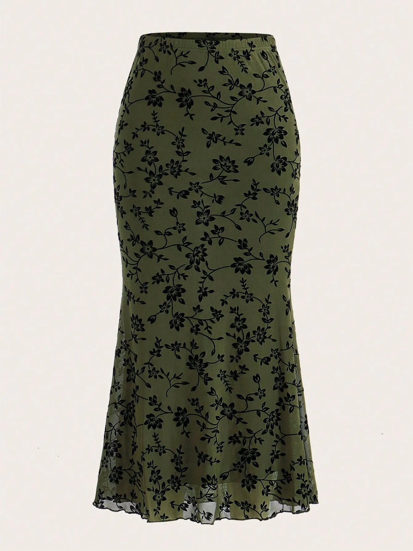 Femmes Élégante Jupe Sirène Florale Vert Foncé Taille Haute Coupe Slim Longueur Midi Bas pour Usage Quotidien Décontracté Jupe Mode