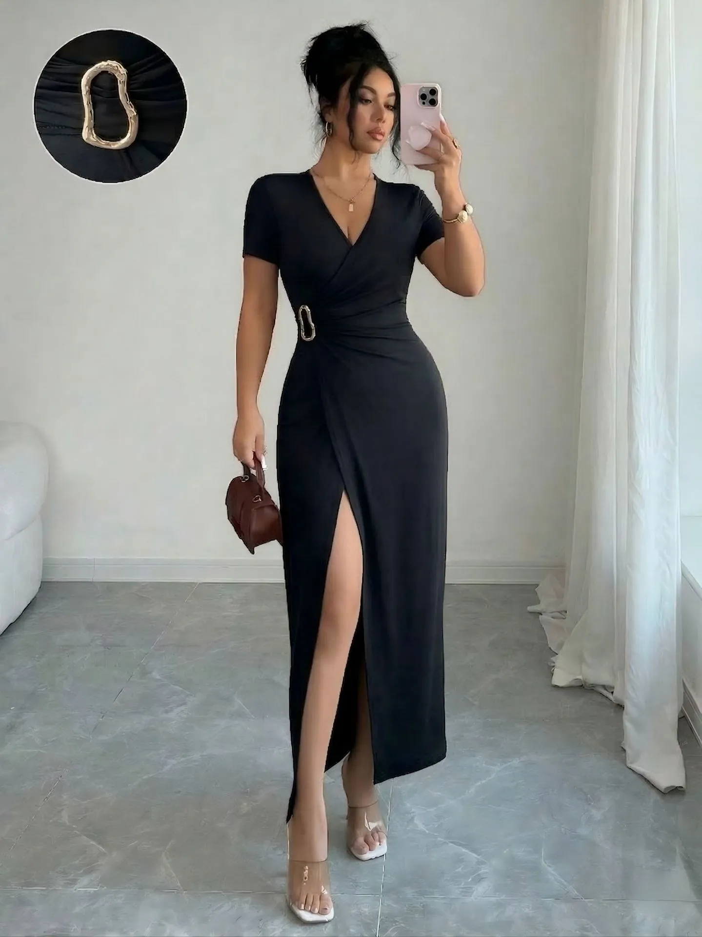 Vestido Maxi Sexy con Cuello en V para Mujer Elegante Negro Hebilla de Metal Abertura Alta Vestido Largo Ajustado Fiesta