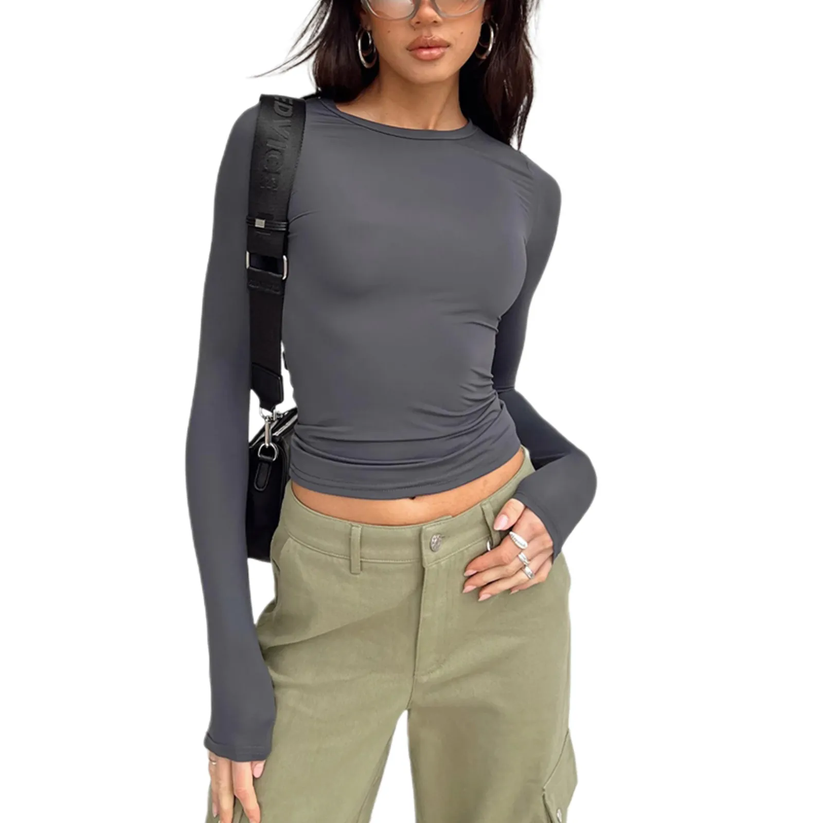 Women Casual Solid Color Slim Fit Long Sleeve T-Shirt Round Neck Knitted Basic Base Layer Top For Spring Autumn