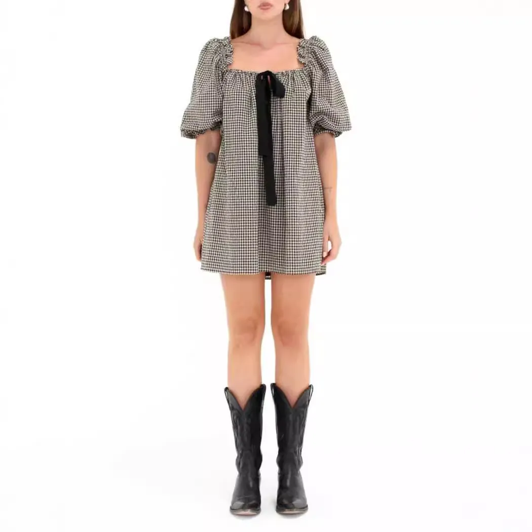 Vestido de Muñeca de Mujer Retro Manga Abullonada Cuello Cuadrado Floral Cuadros Verano Hombros Descubiertos Ajuste Holgado