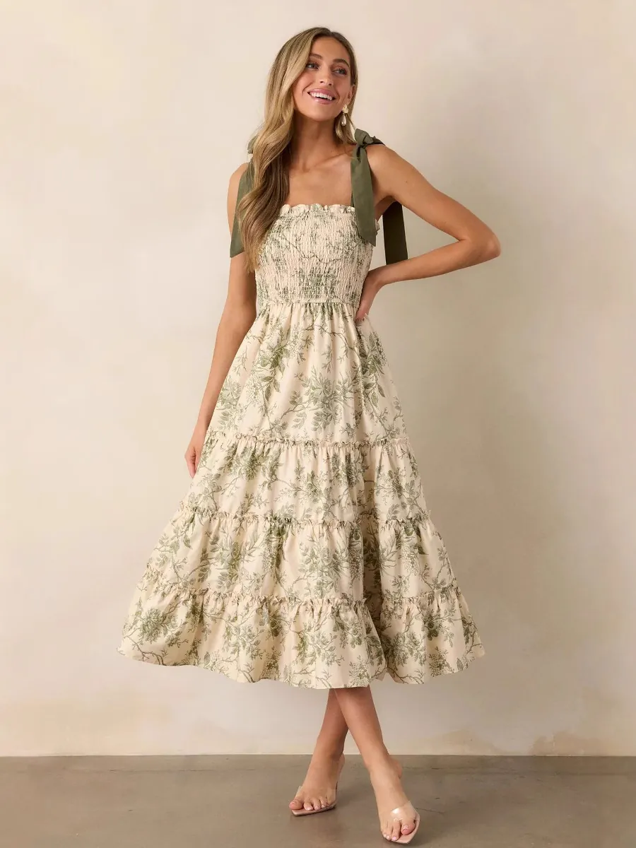 Vestido Maxi de Poliéster Estampado Floral Fruncido Verde Hombros Anudados Escalonado Boho Vestido Verano Casual Sin Mangas