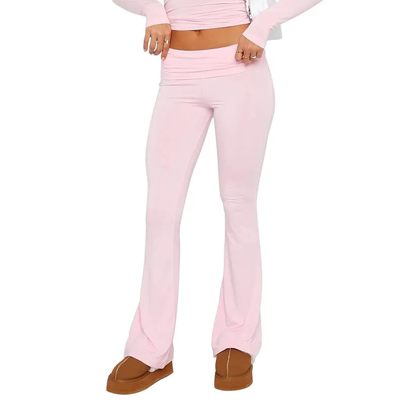 Women's Low Rise Flare Pants Slim Fit Slimming Spandex Elastic Folded Waistband Solid Color Bell Bottom Trousers
