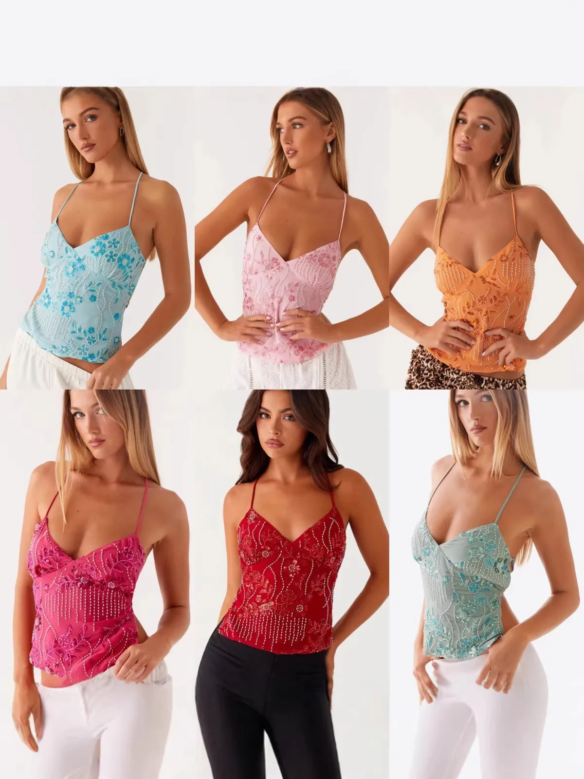 Damen Sexy Pailletten Bestickt Cami Top Slim Fit Y2K Ärmellos V-Ausschnitt Sommer Weste Für Party Urlaub Spicy Girl Streetwear Top