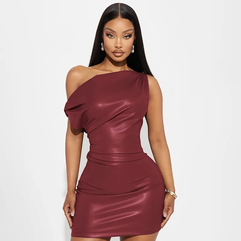 Sexy One Shoulder Faux Leather Mini Dress For Women Ruched Bodycon Nightclub Party Dress Elegant Solid Color Sleeveless Dress