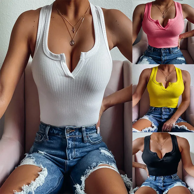 Damen Sexy V Ausschnitt Ripp Tank Top Sommer Ärmellos Racerback Cami Top Einfarbig Baumwollmischung Casual Streetwear Slim Fit Top