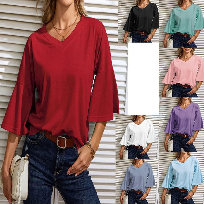 Women Casual Solid V-Neck Bell Sleeve T-Shirt Loose Fit Flare Sleeve Acrylic Top Summer Fashion Streetwear Daily Wear