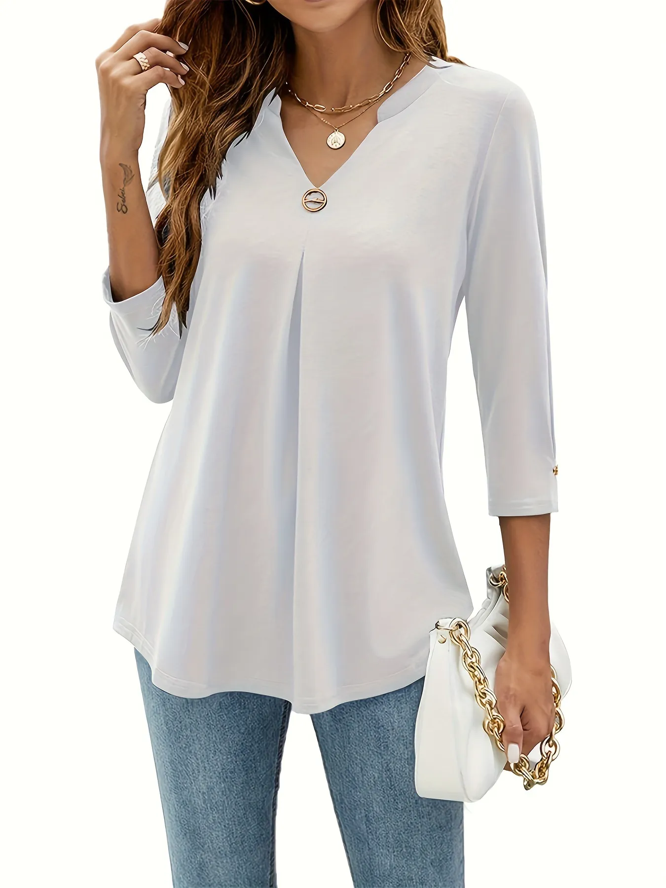Women V Neck 3/4 Sleeve T-Shirt Solid Color Pleated Top With Button Decoration Casual Summer Autumn Tunic Shirt