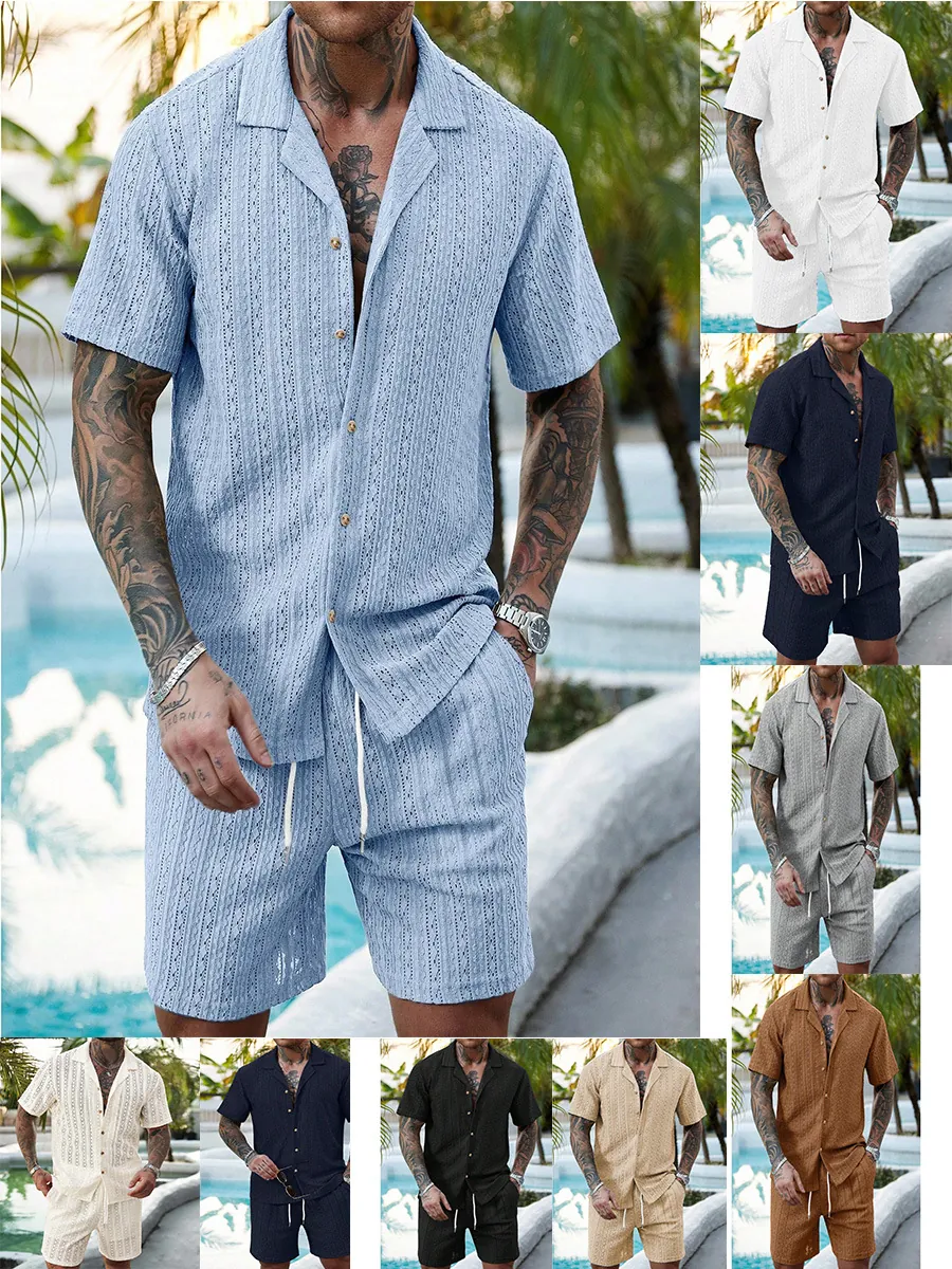Herren Sommer Casual Kurzarm Hemd Und Kordelzug Shorts Top Und Bottom Urlaub Strukturierte Strick Atmungsaktive Outfits
