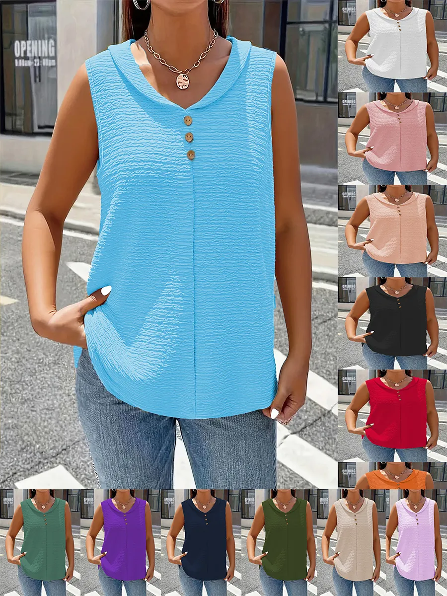 Women Elegant V-Neck Sleeveless Tank Top Solid Color Loose Fit Casual Button Up Textured Summer Top For Vacation Daily Wear