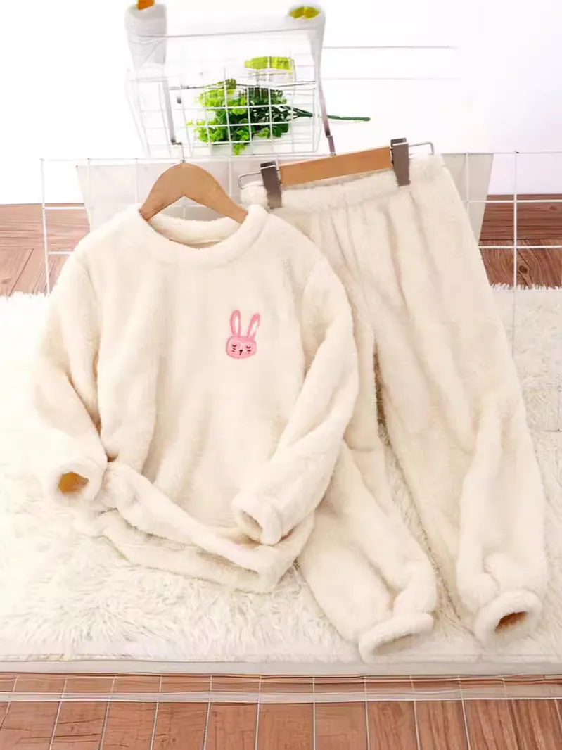 Kids Flannel Home Wear Set Cartoon Embroidery Warm Winter Pajamas Top And Bottom For Boys Girls Casual Sleepwear