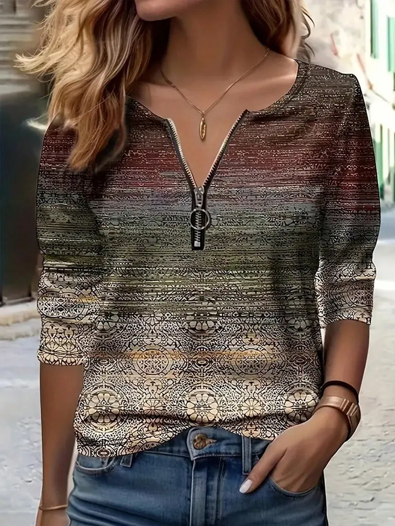 Women's Casual Long Sleeve Top Gradient Geometric Mandala Print Polo Collar Zipper Slim Fashion Polyester Tee Pullover Top