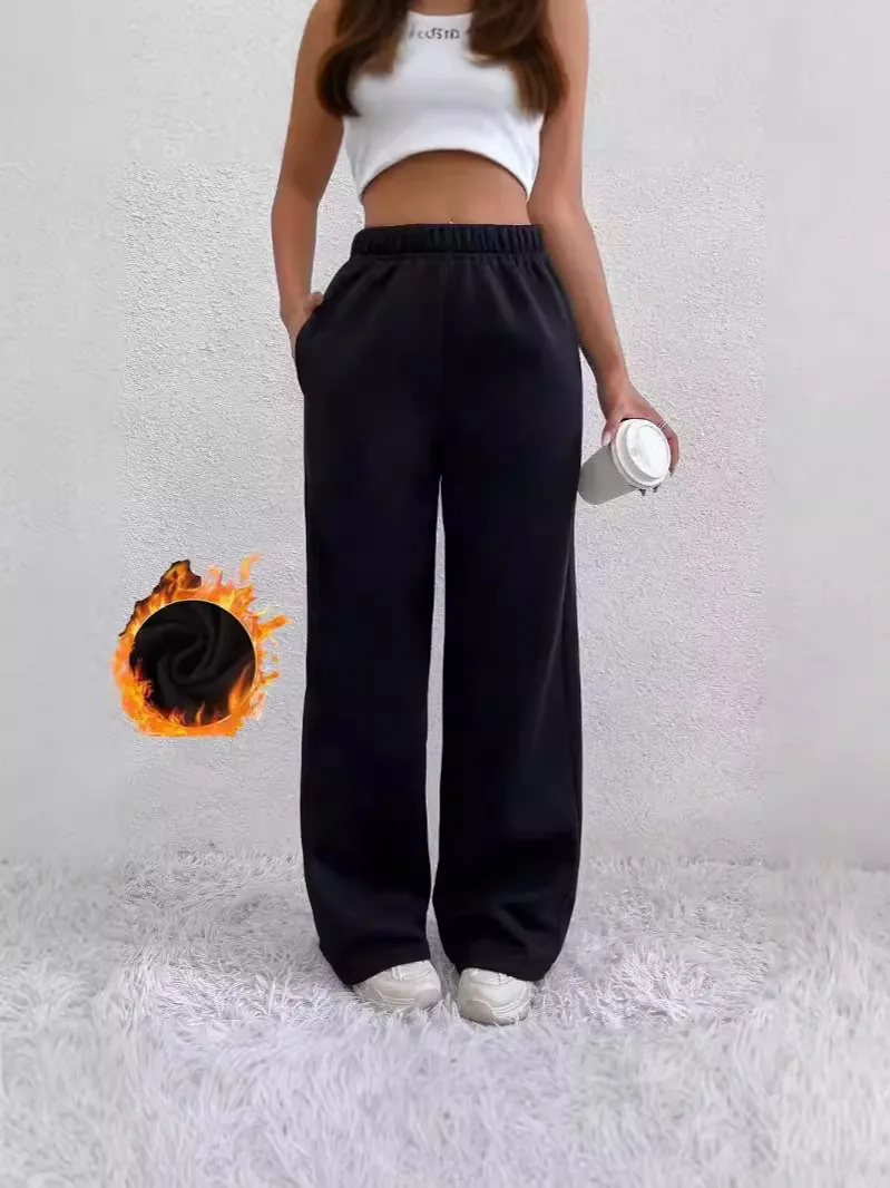 Damen Fleece Gefütterte Thermohose Hohe Taille Weites Bein Sweathose Lässig Weich Gerade Polyester Elastan Unterteil Für Herbst Winter