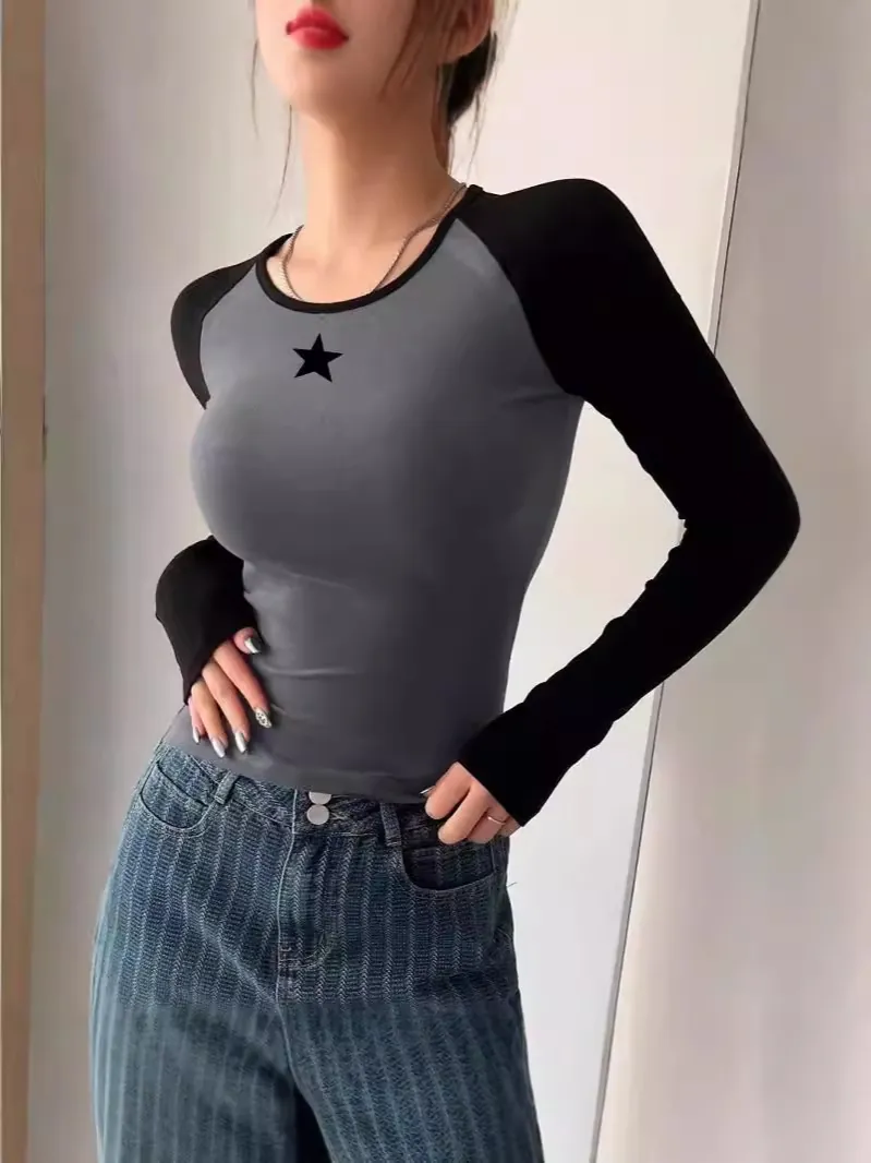 Women American Retro Slim Fit Long Sleeve T-Shirt Star Print Contrast Raglan Sleeve Cropped Top Y2K Streetwear Pullover Tee