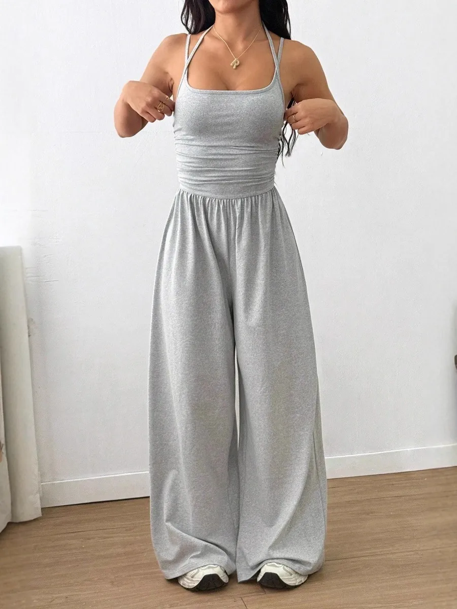 Tuta Casual da Donna a Tinta Unita con Doppio Cinturino e Gamba Larga Senza Maniche con Vita Arricciata Modellante Intero Pantaloni Lunghi