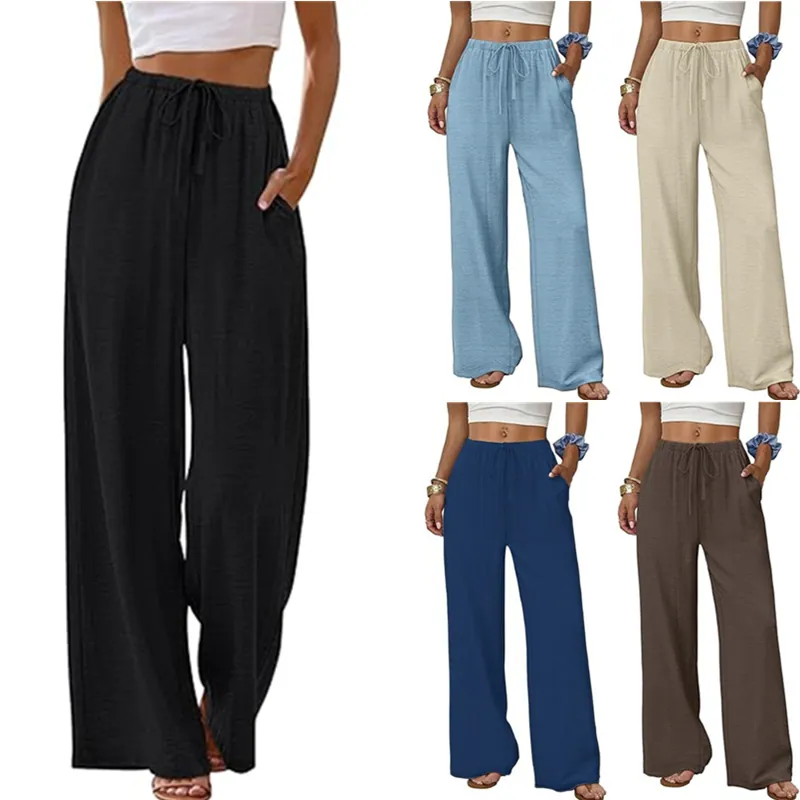 Women Fashion Casual Solid Color Elastic Waist Wide Leg Pants With Pockets Beach Summer Lounge Loose Trousers Soft High Waist Trousers