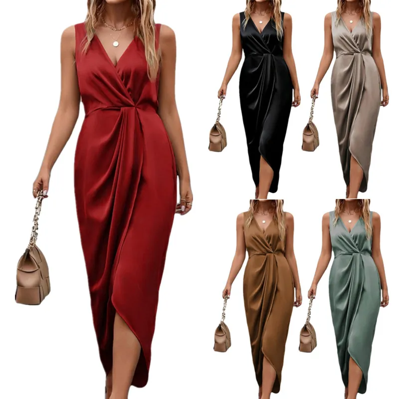 Women Elegant V Neck Sleeveless Satin Maxi Dress Solid Color Slit Irregular Hem Twist Knot Waist Slim Fit Evening Party Dress