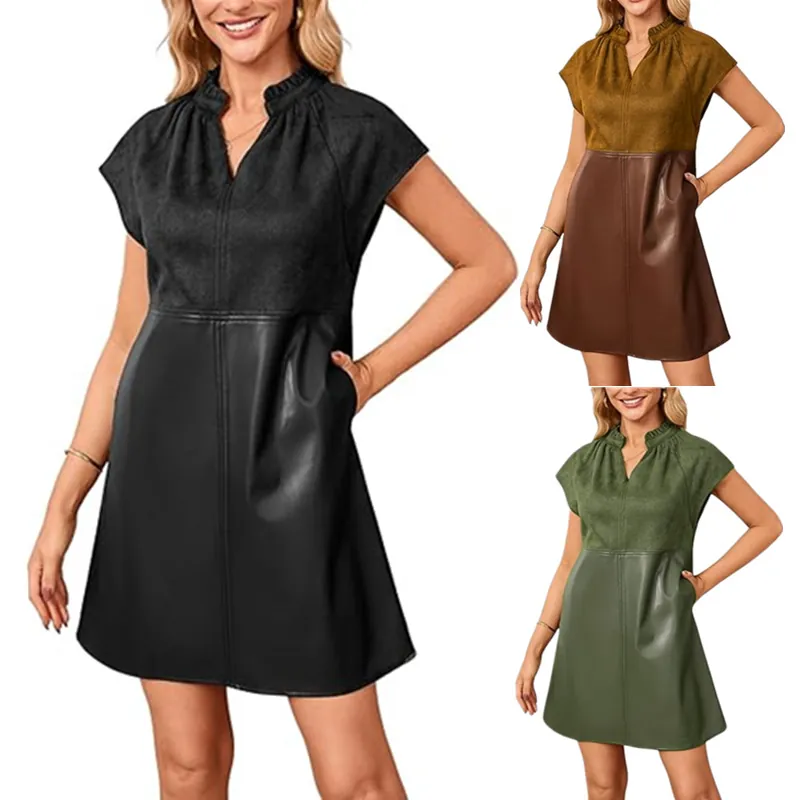 Women Elegant Faux Suede PU Leather Patchwork Mini Dress V-Neck Cap Sleeve Colorblock Slim Fit Bodycon Dress With Pockets