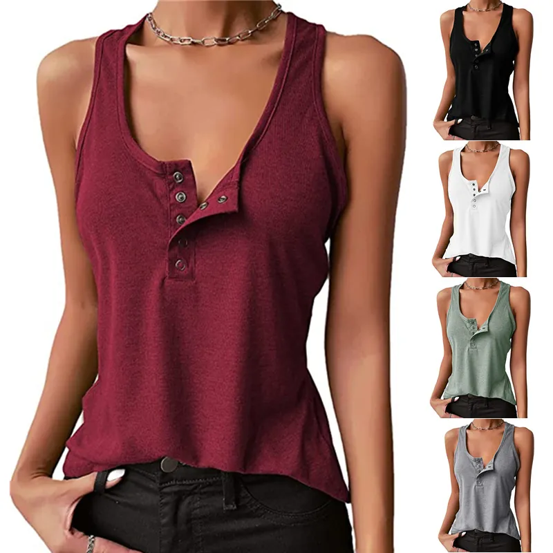 Women Henley Tank Top Ribbed Knit Sleeveless Snap Button Racerback Slim Fit Polyester Casual Summer Solid Color Top