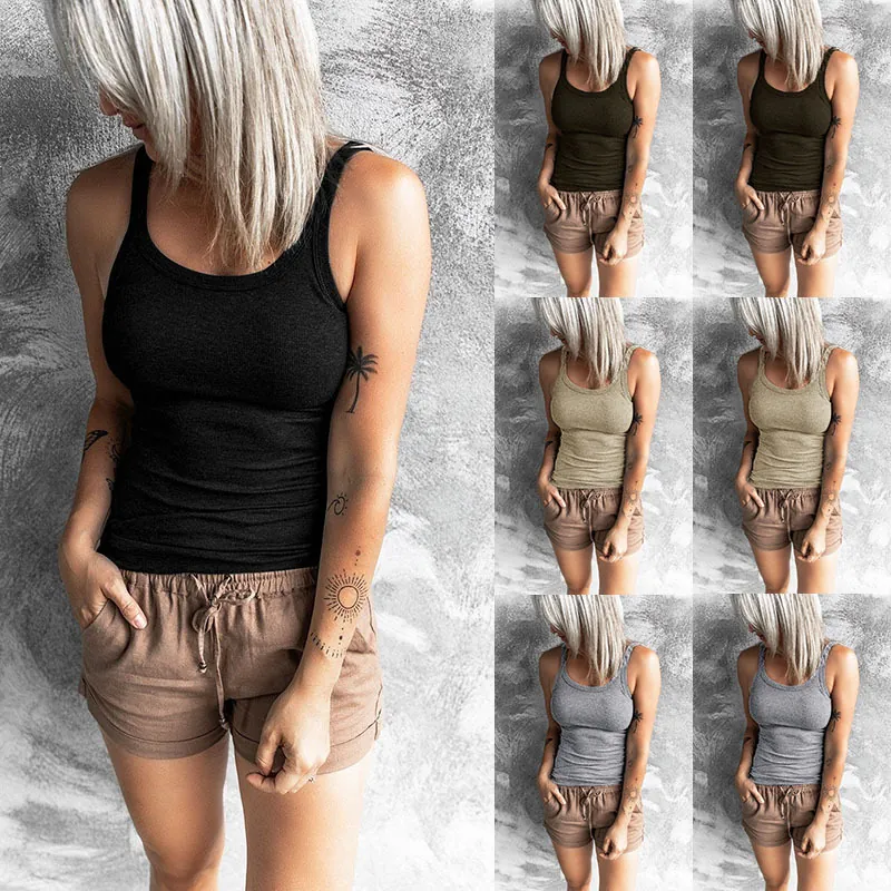 Women Casual Cotton Blend Ribbed Slim Fit Tank Top Round Neck Solid Color Sleeveless Basic Top Vest For Summer