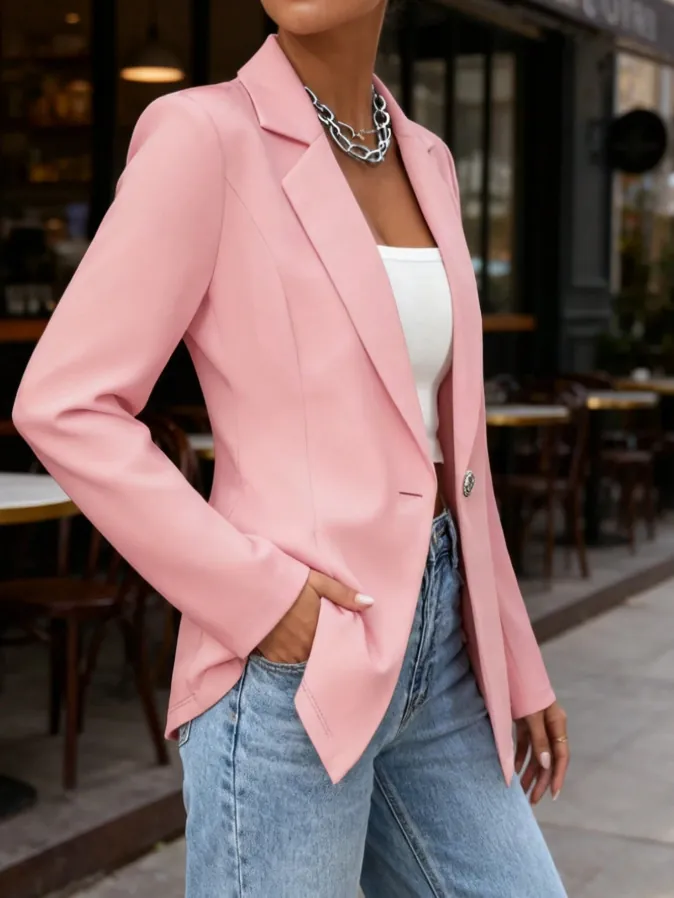 Damen Casual Revers Langarm Blazer Jacke Schlanke Passform Mittellang Einreihig Einfarbig Anzug Mantel Für Büro Top