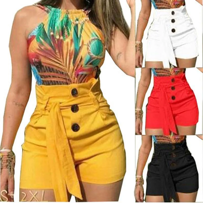 Women High Waist Shorts Linen Blend Button Decor Bow-Tie Belt Wide Leg Loose Fit Casual Summer Beach Vacation Shorts