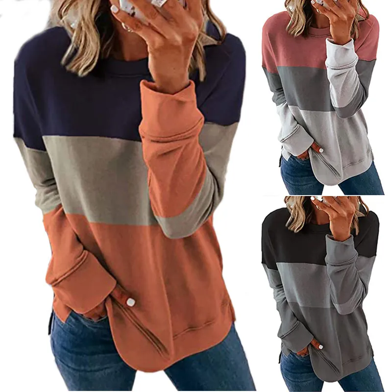 Women Casual Round Neck Color Block Sweatshirt Long Sleeve Patchwork Loose Pullover Top Autumn Spring Fashion Sweatshirt