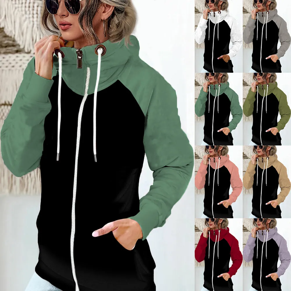 Women Plus Size Fleece Lined Hoodie Jacket Color Block Patchwork Stand Collar Zipper Hooded Sweatshirt Winter Warm Pullover Top