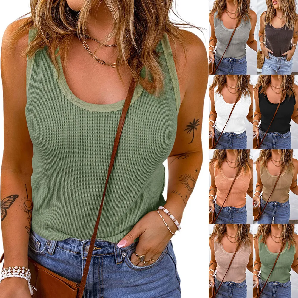 Women's Casual U-Neck Waffle Knit Tank Top Solid Color Sleeveless Polyester Slim Fit Commuting Top For Women