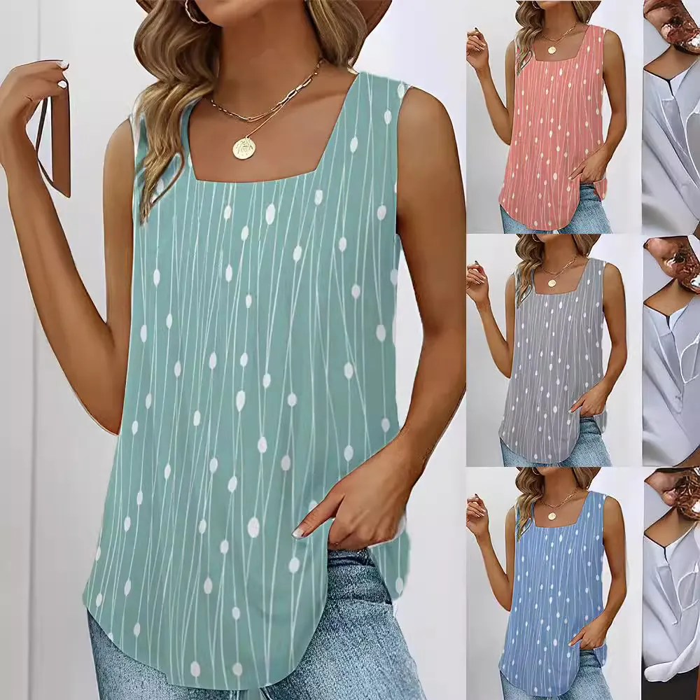 Damen Punktmuster Ärmellos Tanktop Mode Eckiger Ausschnitt Locker Sommer Weste Top Casual Gestreift Bedruckt Atmungsaktiv Tanktop