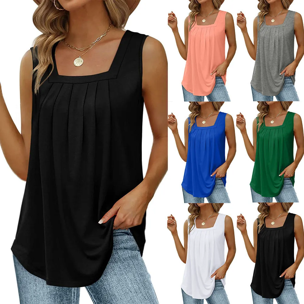 Women's Fashion Square Neck Pleated Sleeveless Tank Top Summer Loose Solid Color Swallowtail Hem Vest Top