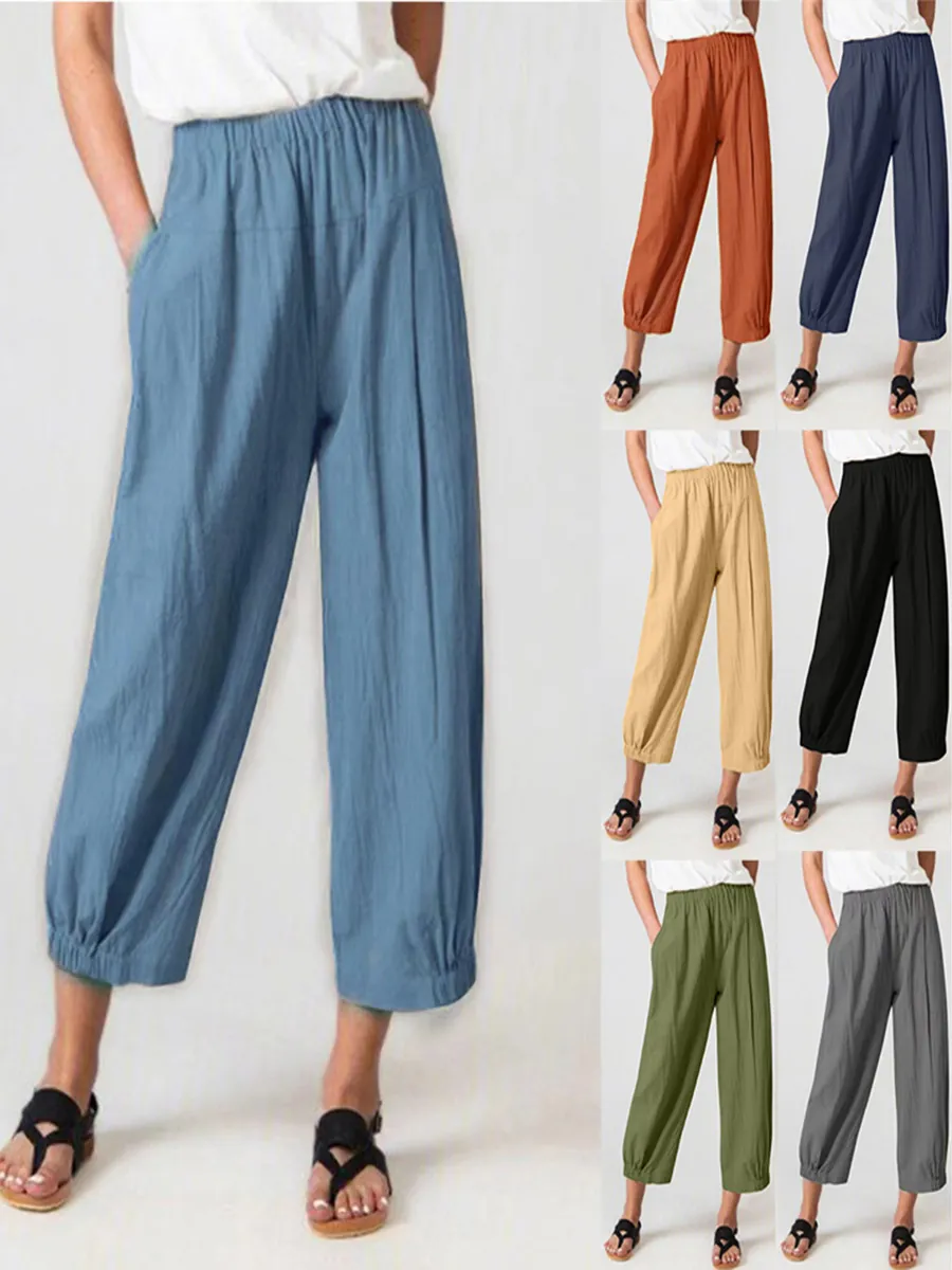 Women Casual Polyester Cotton Blend High Waist Harem Pants Loose Solid Color Bottom With Elastic Waist Pockets Fashion Trousers