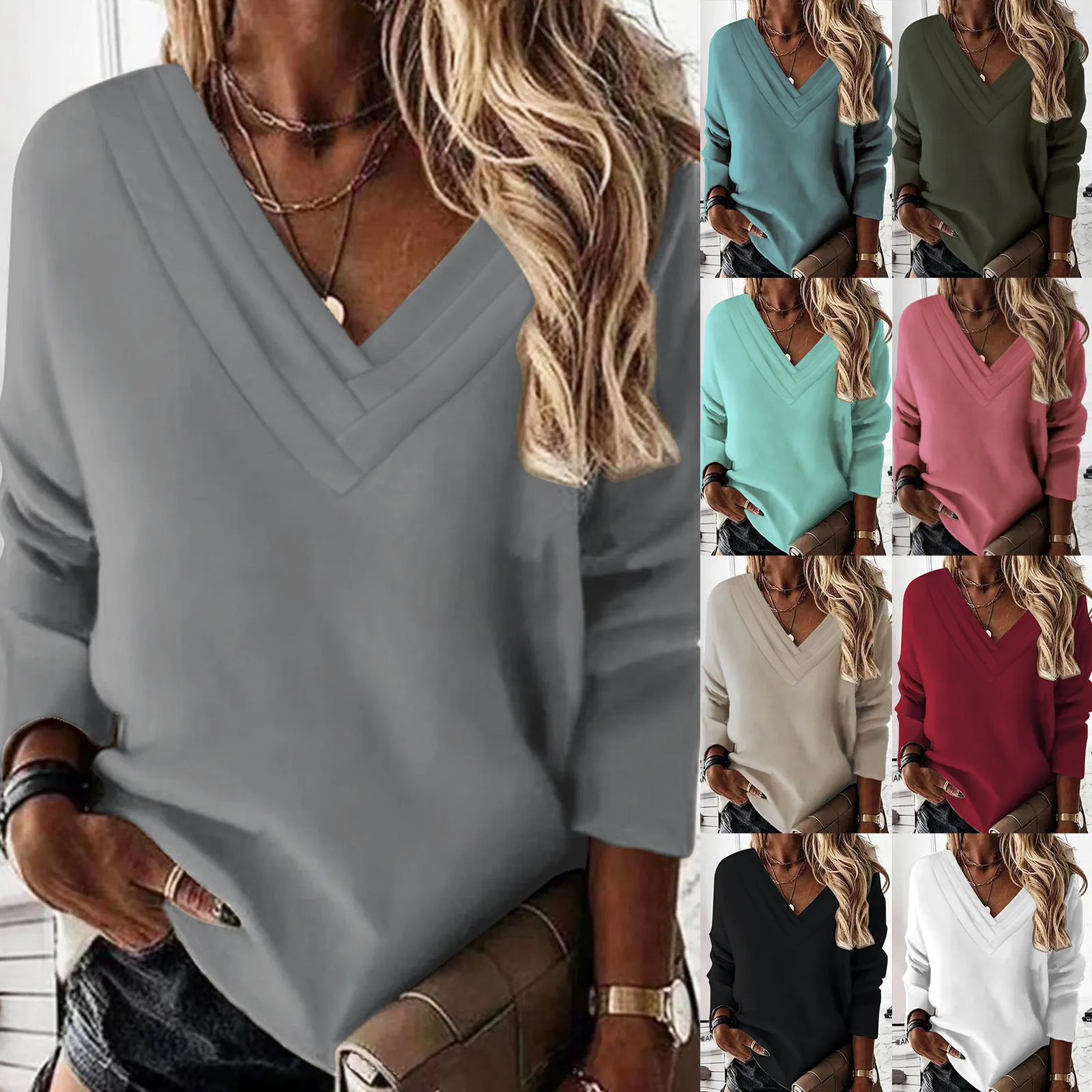 Camiseta Casual de Manga Larga con Cuello en V de Varias Capas para Mujer Poliéster Color Sólido Pulóver Top Estilo Europeo Basic Fashion Tee