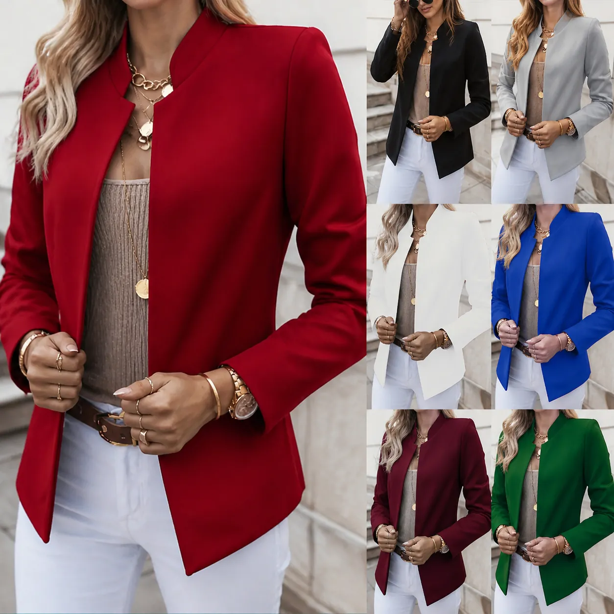 Women Fashion Stand Collar Long Sleeve Blazer Solid Color Open Front Slim Fit Office Business Casual Synthetic Jacket Top