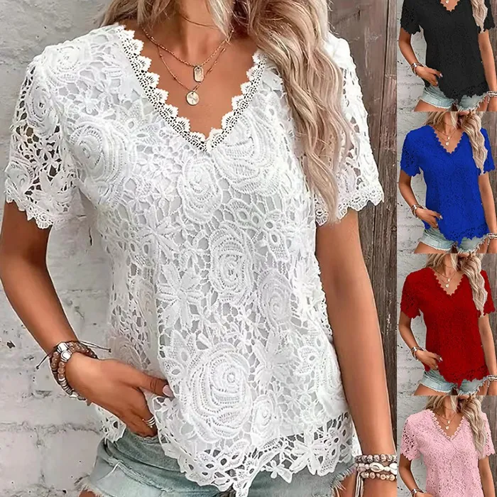 Women V-Neck Lace T-Shirt Short Sleeve Hollow Out Floral Polyester Top Casual Summer Elegant Tee Blouse Fashion Crochet Shirt