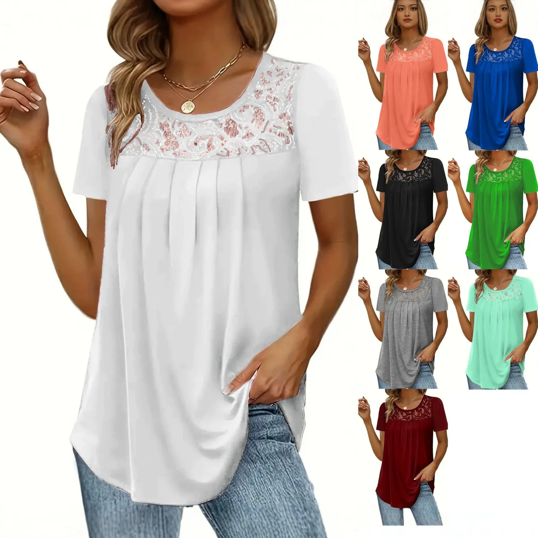 Women Short Sleeve T-Shirt Lace Round Neck Pleated Solid Color Casual Summer Polyester Top Tee
