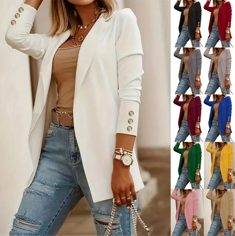 Blazer de Moda para Mujer Top Poliéster Manga Larga Solapa con Botones Dorados Ajuste Regular Casual Trabajo Oficina Chaqueta de Traje