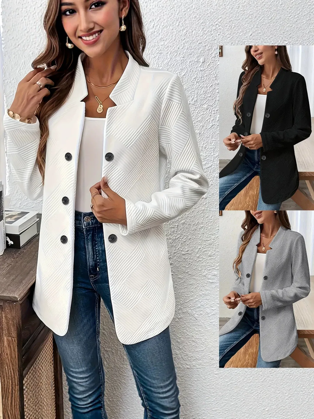 Women Mid-Length Jacquard Blazer Jacket Elegant Stand Collar Long Sleeve Cardigan Row Button Coat For Autumn Winter