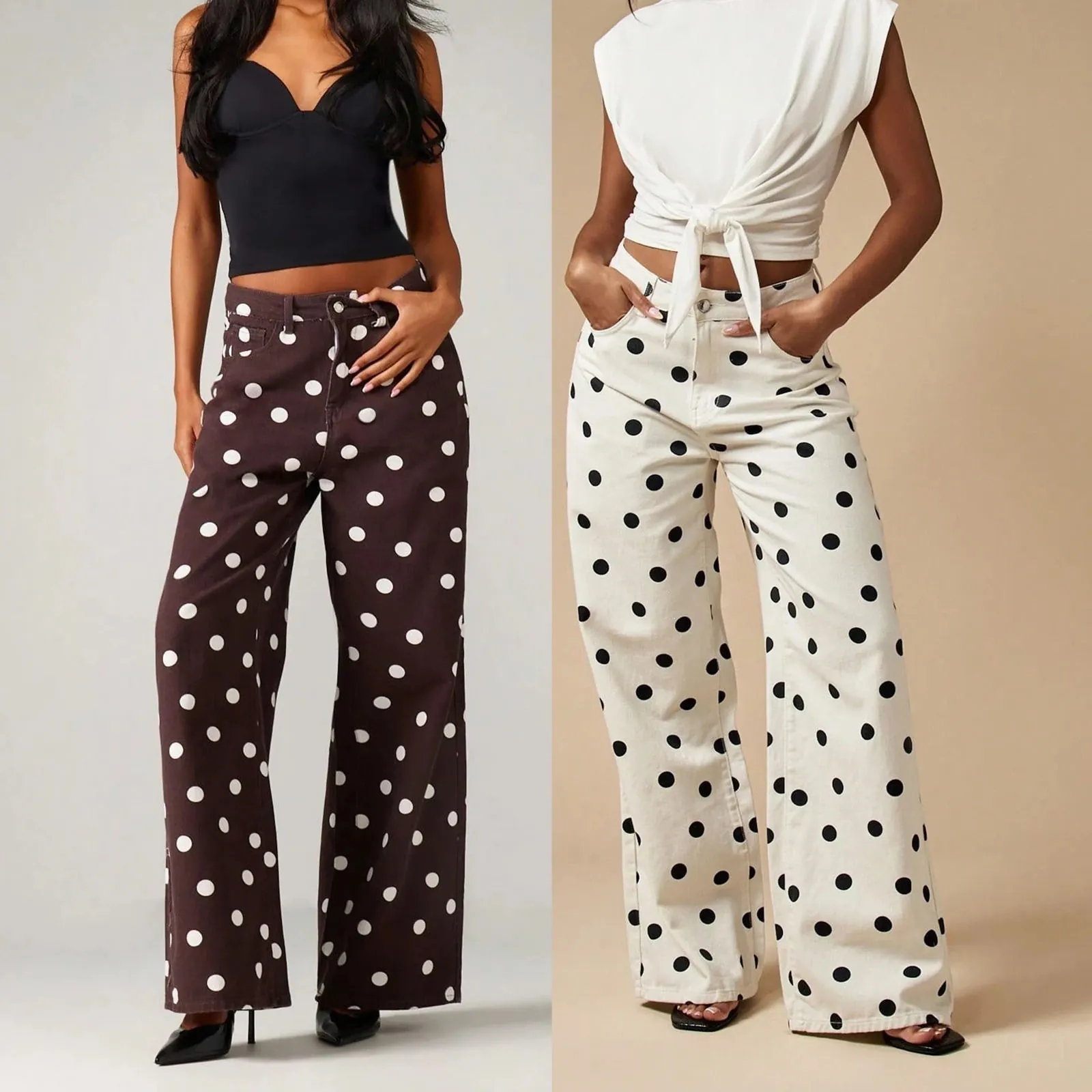 Damen Polka Dot Bedruckt Hohe Taille Weites Bein Denim Jeans Locker Gerade Hose Lässig Baumwolle Mode Hosen