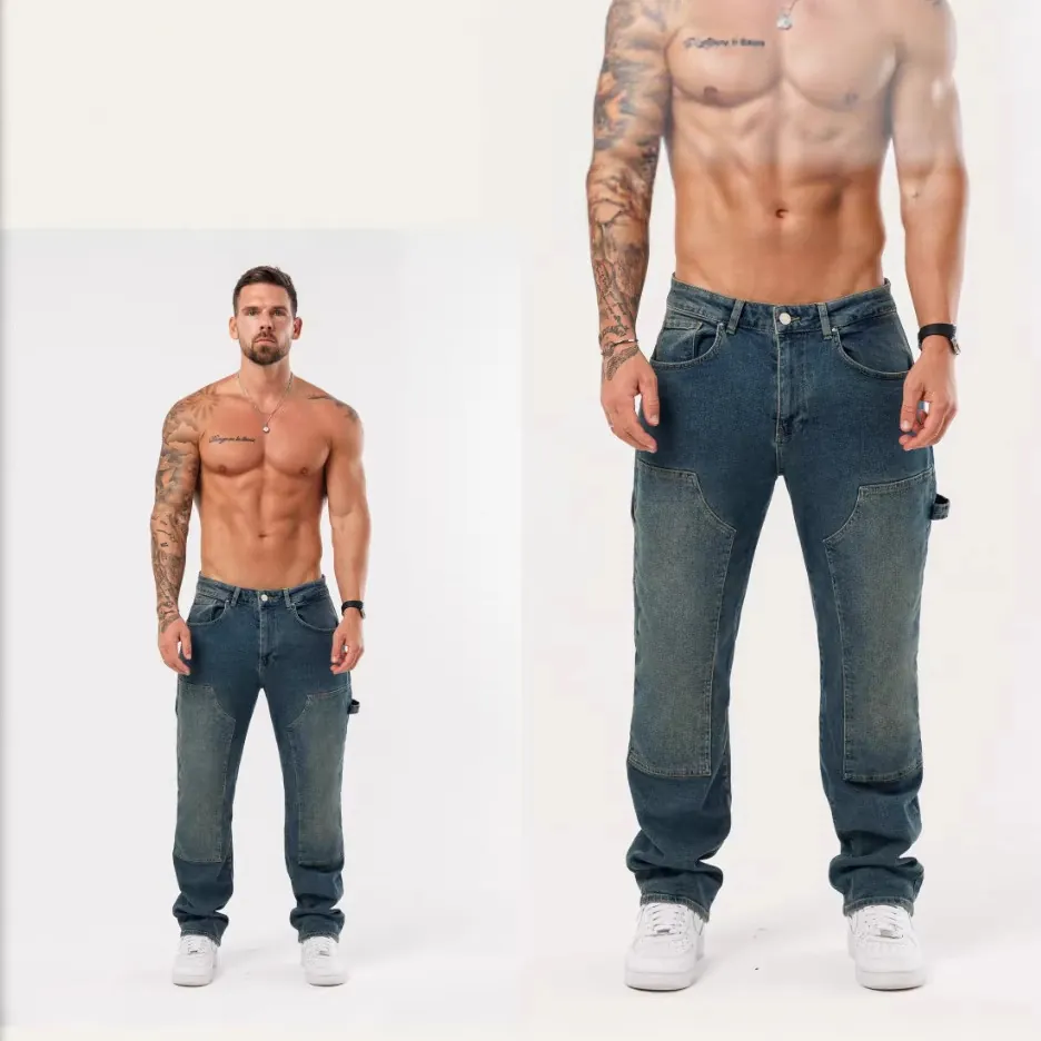 Men Patchwork Jeans Loose Fit Straight Leg Washed Streetwear Pants Casual Cargo Denim Trousers For Men Fashion
