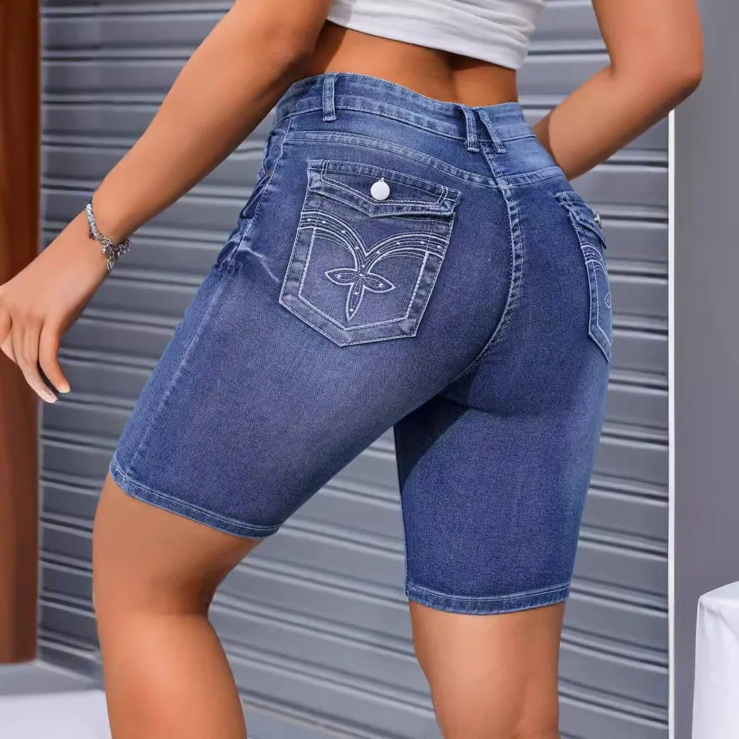 Short en Jean Brodé Ajusté pour Femme Taille Haute Élastique Bermuda Denim Lavé en Coton Mode Vêtements